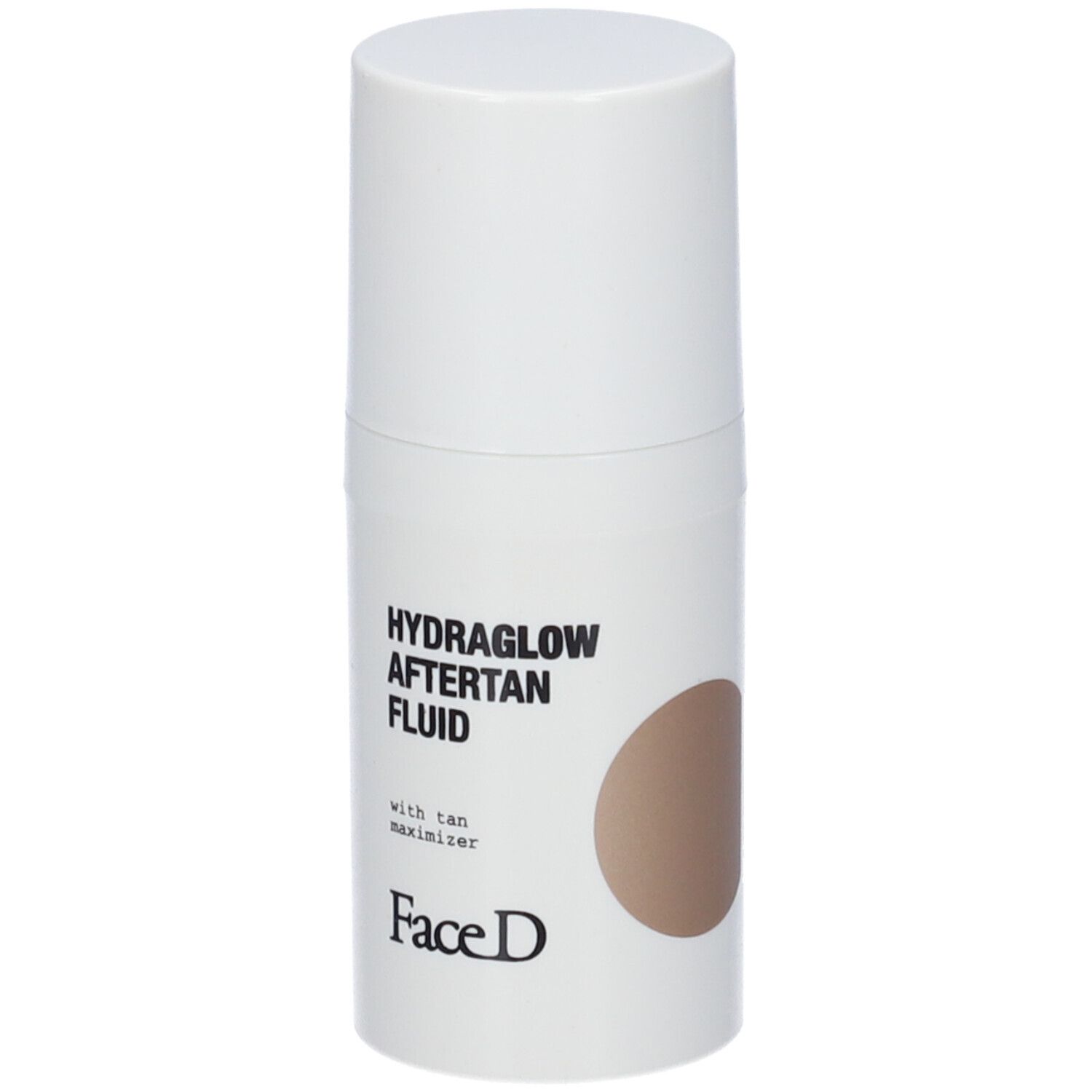 Weißer Spender mit Aufschrift HYDRAGLOW AFTERTAN FLUID. Brauner Kreis. Marke Face D.