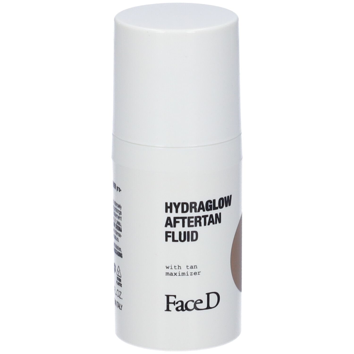 Weißer Spender mit Aufschrift HYDRAGLOW AFTERTAN FLUID. Brauner Kreis. Marke Face D.