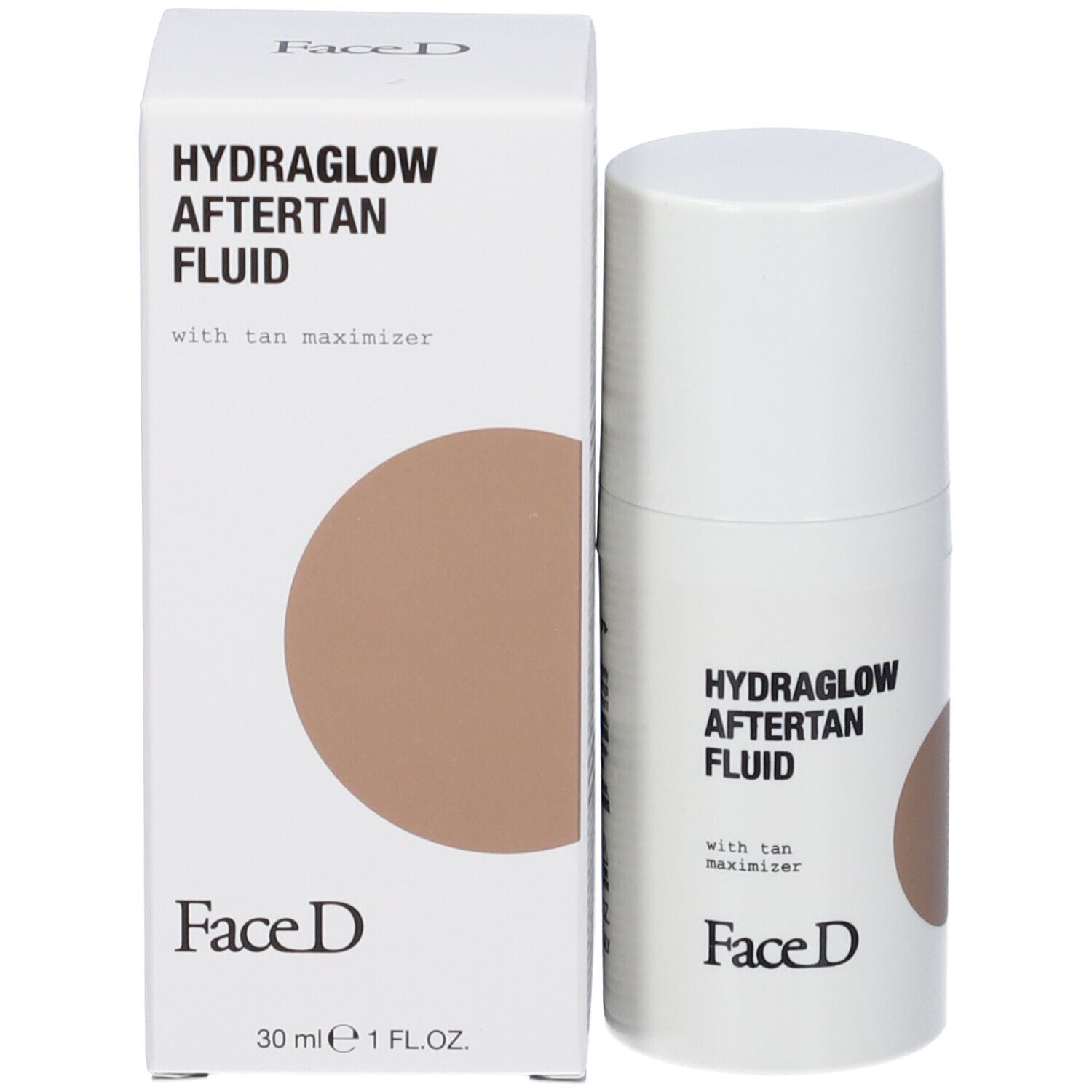 Weißer Spender und Karton mit Aufschrift HYDRAGLOW AFTERTAN FLUID. Brauner Kreis. Marke Face D.