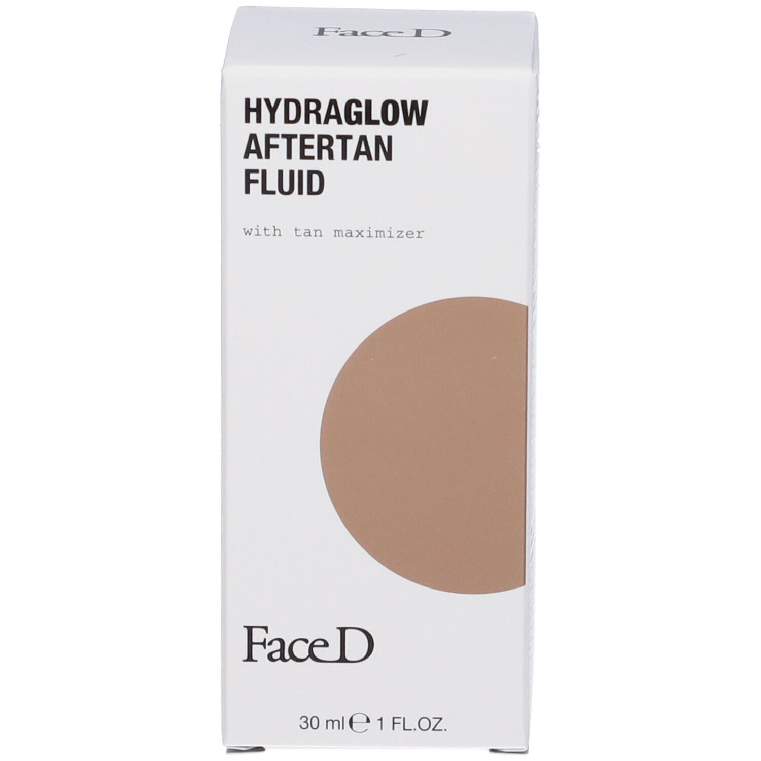 Weißer Karton mit Aufschrift HYDRAGLOW AFTERTAN FLUID. Brauner Kreis. Marke Face D.