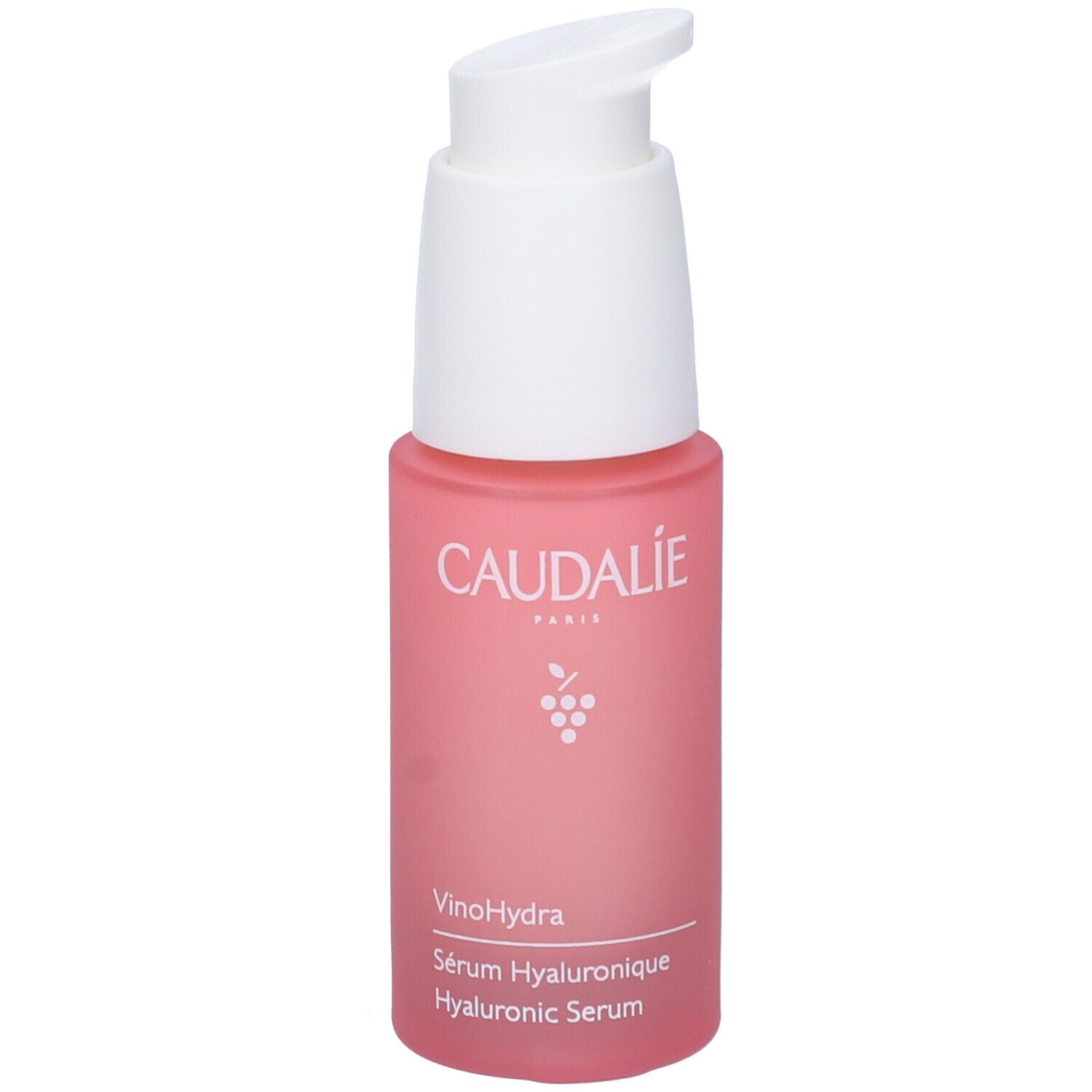Flacone rosa con erogatore bianco. Scritta Caudalie, sotto Vinohydra e Sérum Hyaluronique.