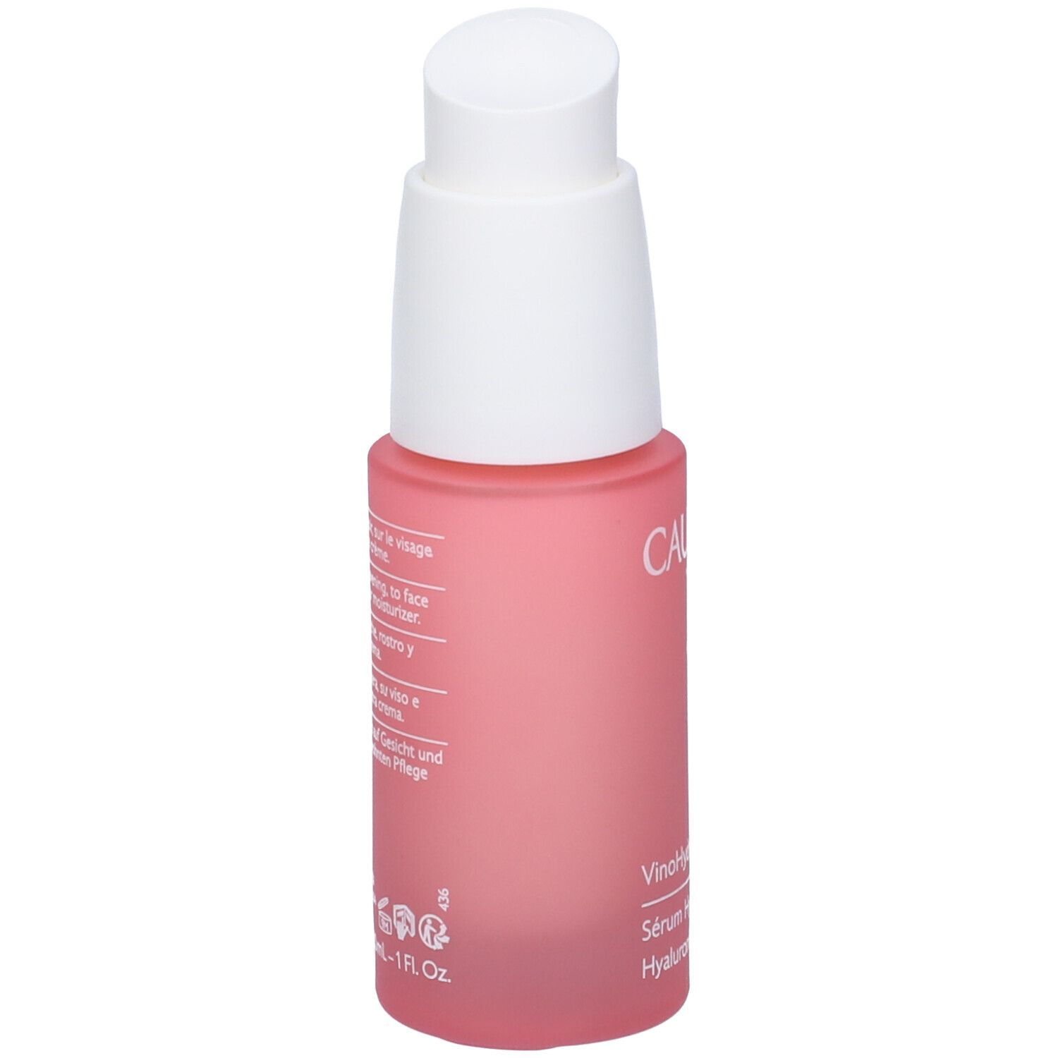 Flacone rosa con erogatore bianco. Scritta Caudalie, sotto Vinohydra e Sérum Hyaluronique.