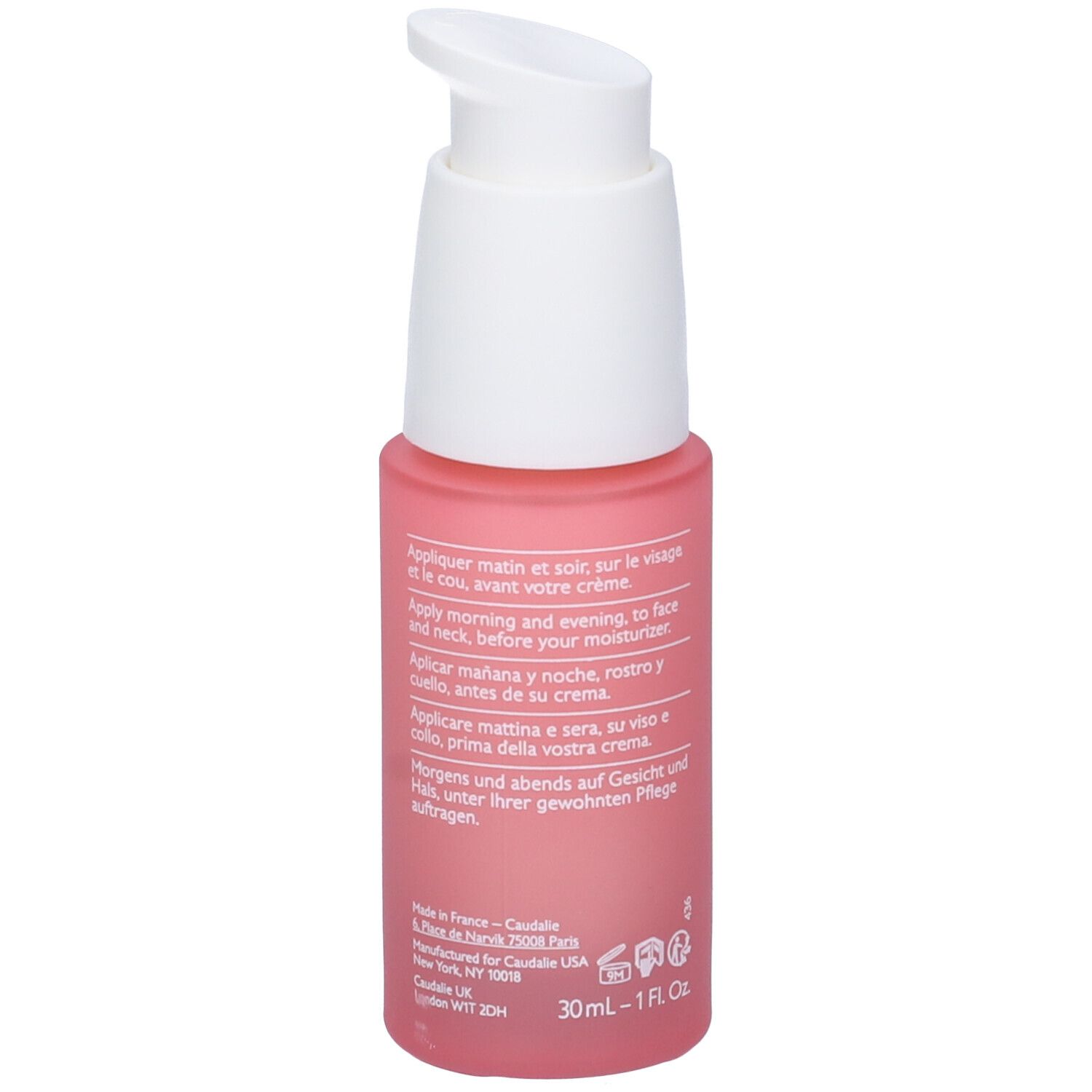 Flacone rosa con erogatore bianco. Scritta Caudalie, sotto Vinohydra e Sérum Hyaluronique.