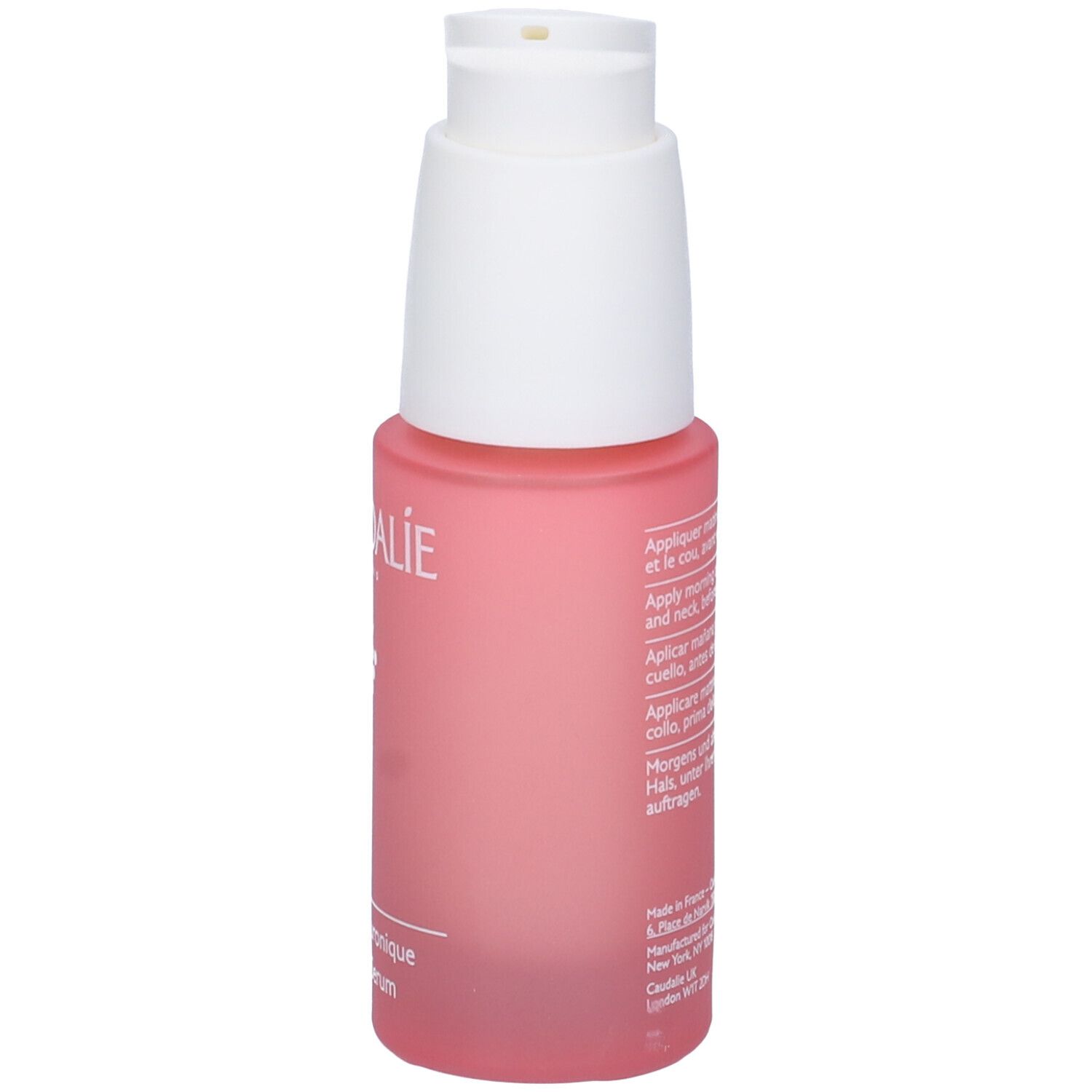 Flacone rosa con erogatore bianco. Scritta Caudalie, sotto Vinohydra e Sérum Hyaluronique.