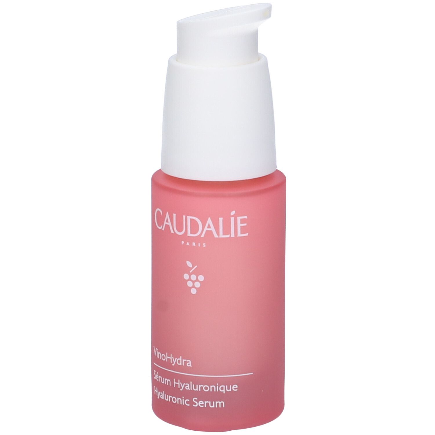 Flacone rosa con erogatore bianco. Scritta Caudalie, sotto Vinohydra e Sérum Hyaluronique.
