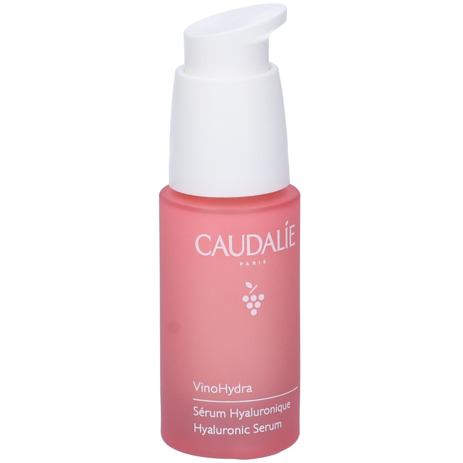 Flacone rosa con erogatore bianco. Scritta Caudalie, sotto Vinohydra e Sérum Hyaluronique.