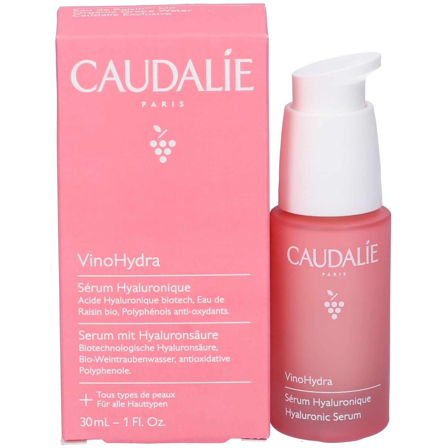 Scatola e flacone rosa. Scritta Caudalie, Vinohydra, Sérum Hyaluronique. 30ml.