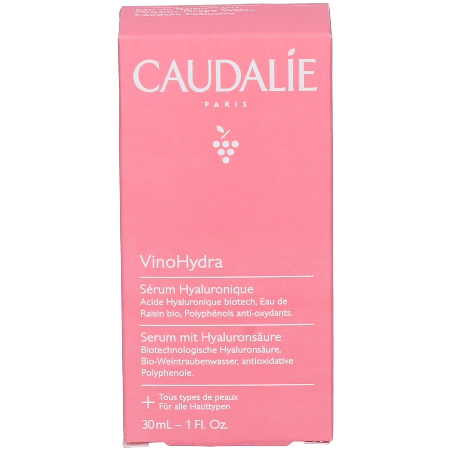 Scatola rosa con scritta Caudalie, Vinohydra, Sérum Hyaluronique. 30ml.
