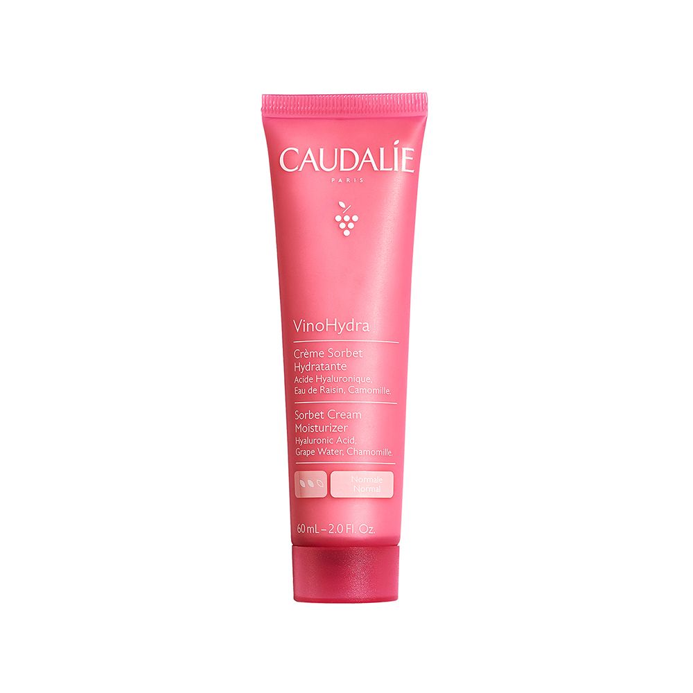 Rosa Tube mit weißer Schrift. Caudalie Vinohydra Creme Sorbetto Idratante. Produktname und Inhaltsstoffe.