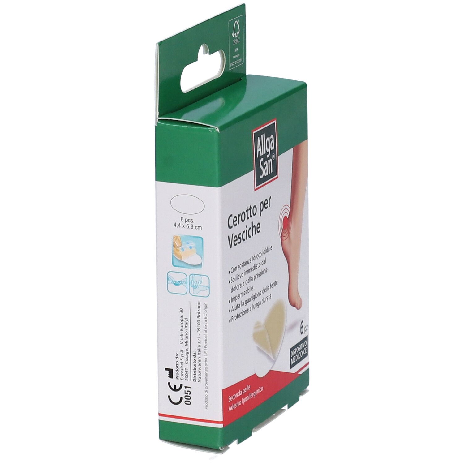 Grüne Verpackung AllgaSan Cerotto per Vesciche. Seitenansicht mit Produktabbildung, 6 Stück. FSC-Zertifizierung.