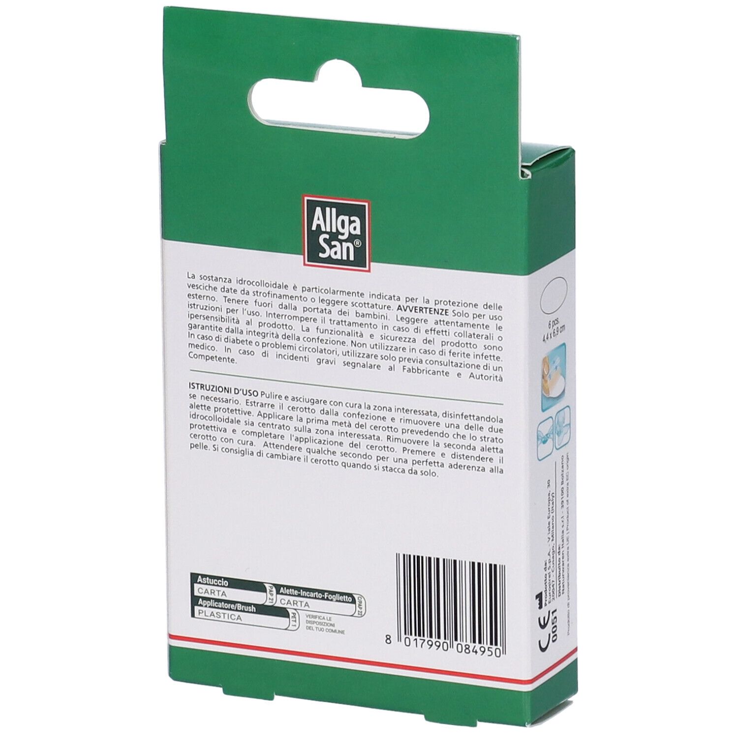 Rückseite der grünen Verpackung AllgaSan Cerotto per Vesciche. Text und Produktabbildung. FSC-Zertifizierung.