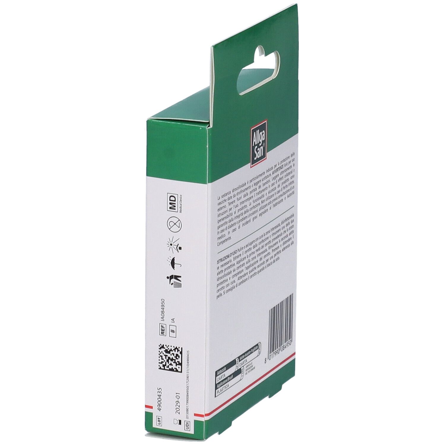 Seitenansicht der grünen Verpackung AllgaSan Cerotto per Vesciche. Text und Produktinformationen. MD-Symbol.
