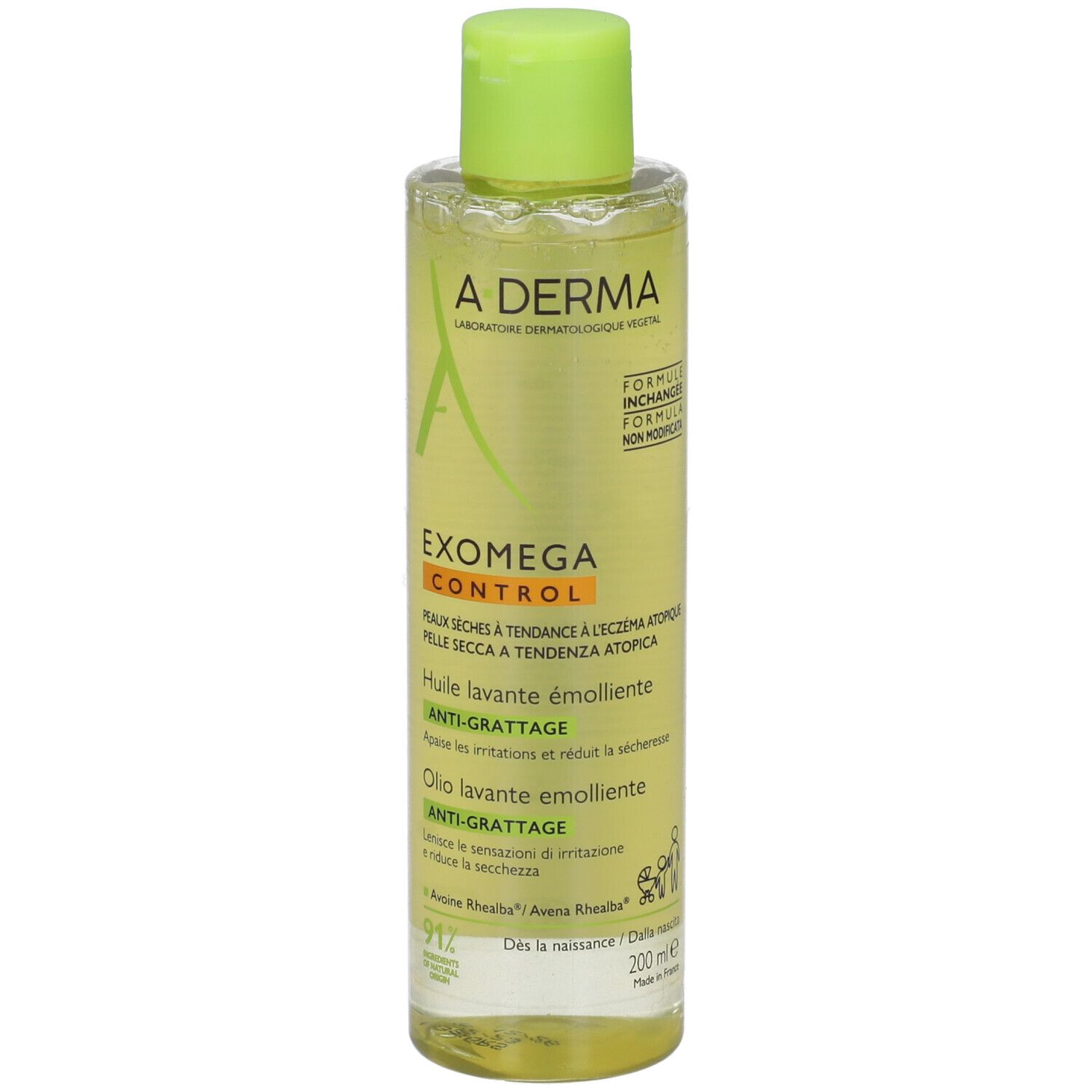 Olio lavante A-Derma Exomega Control. Flacone verde. Etichetta con informazioni.