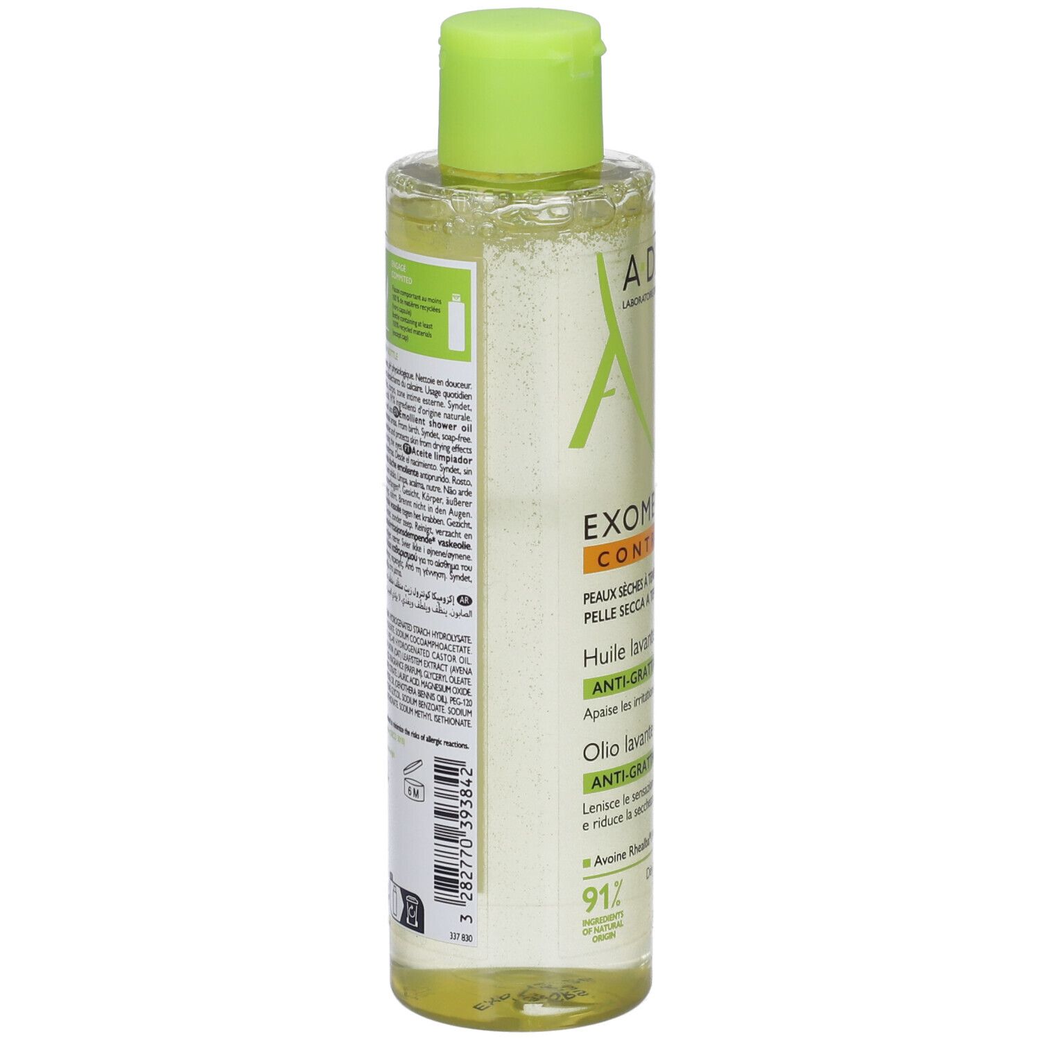Retro flacone A-Derma Exomega Control. Testo e codice a barre.
