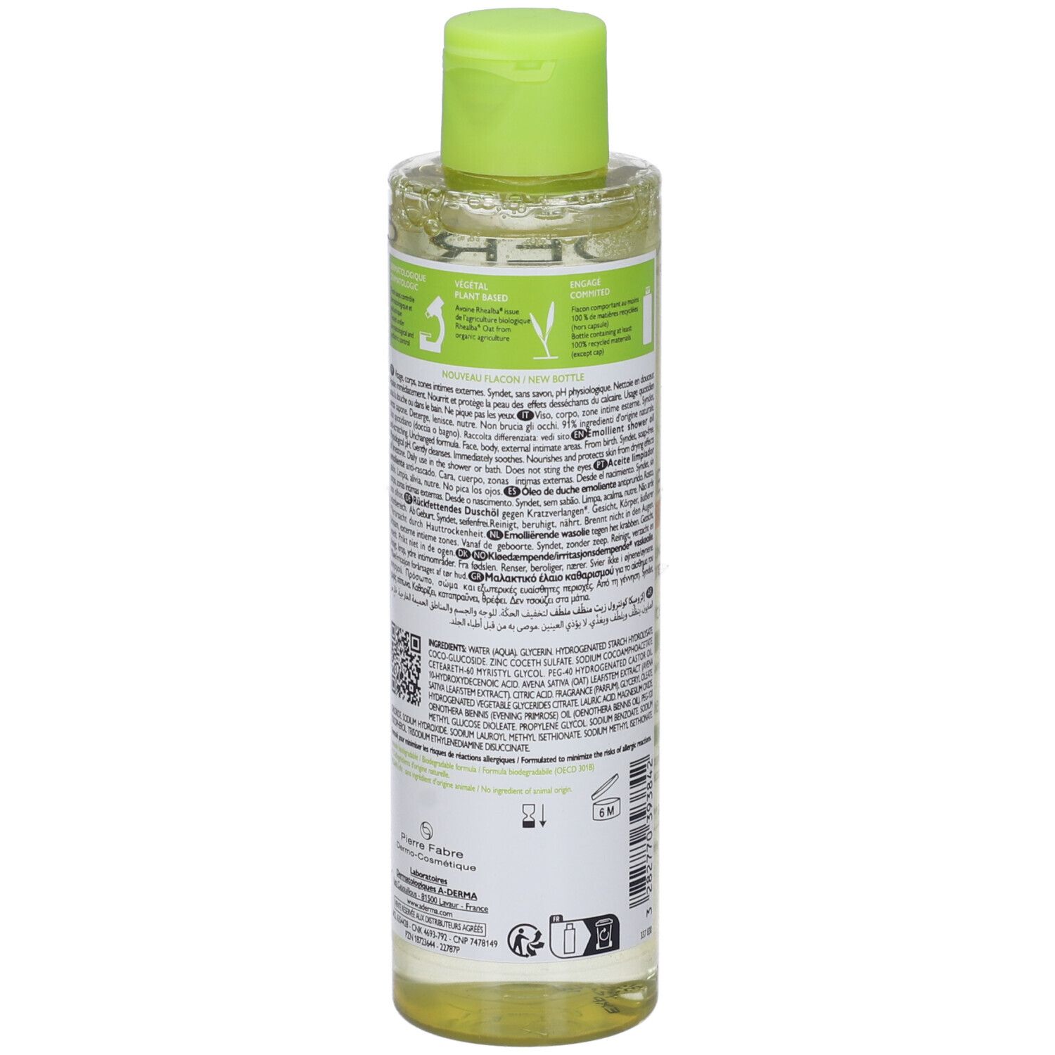 Retro flacone A-Derma Exomega Control. Testo e codice QR.