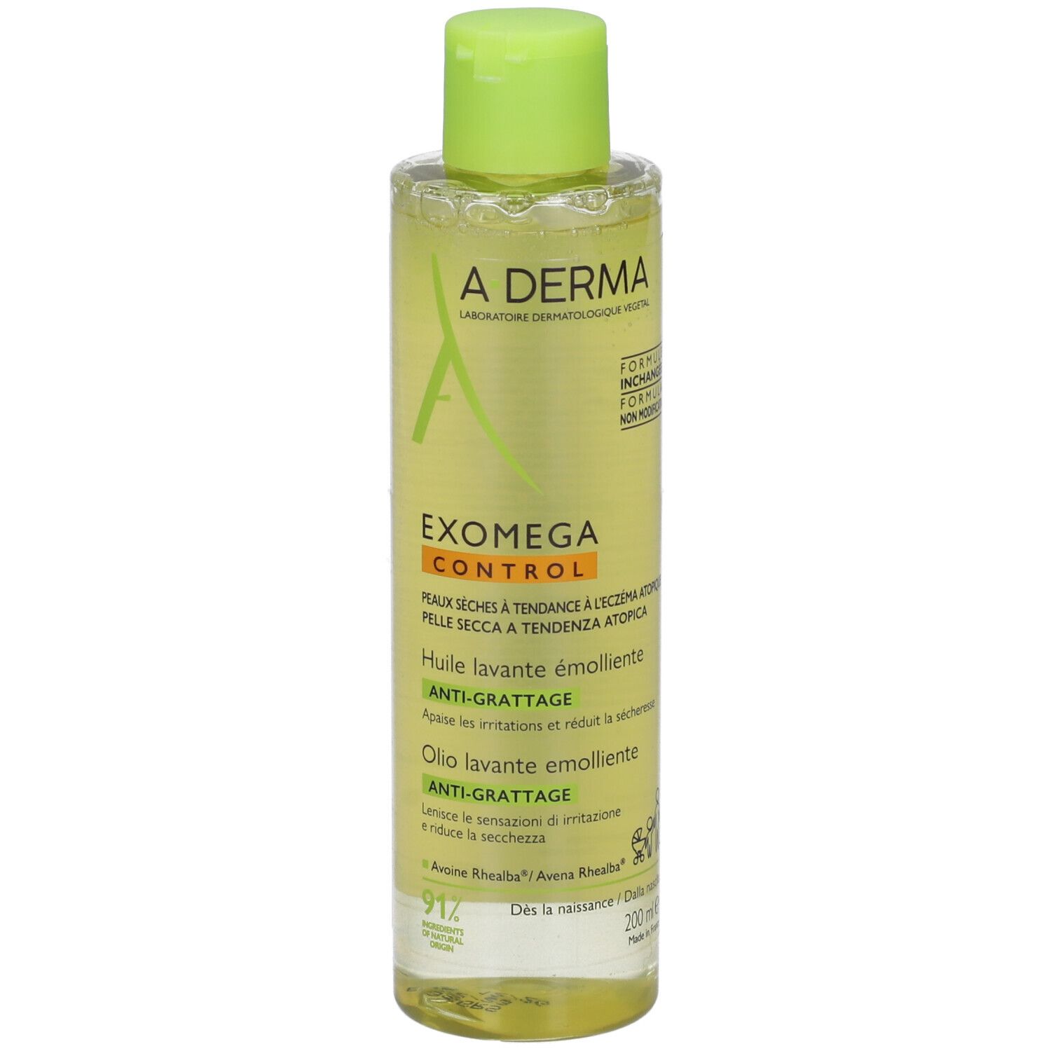 Olio lavante A-Derma Exomega Control. Flacone verde. Etichetta con informazioni.
