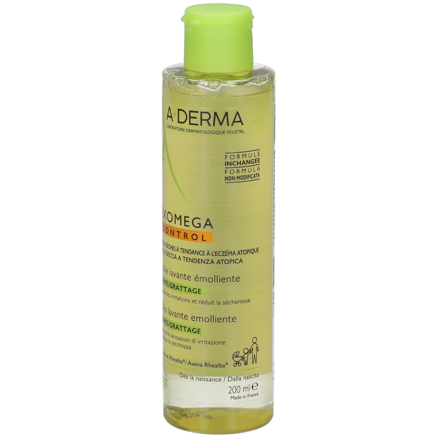 Olio lavante A-Derma Exomega Control. Flacone verde. Etichetta con informazioni.