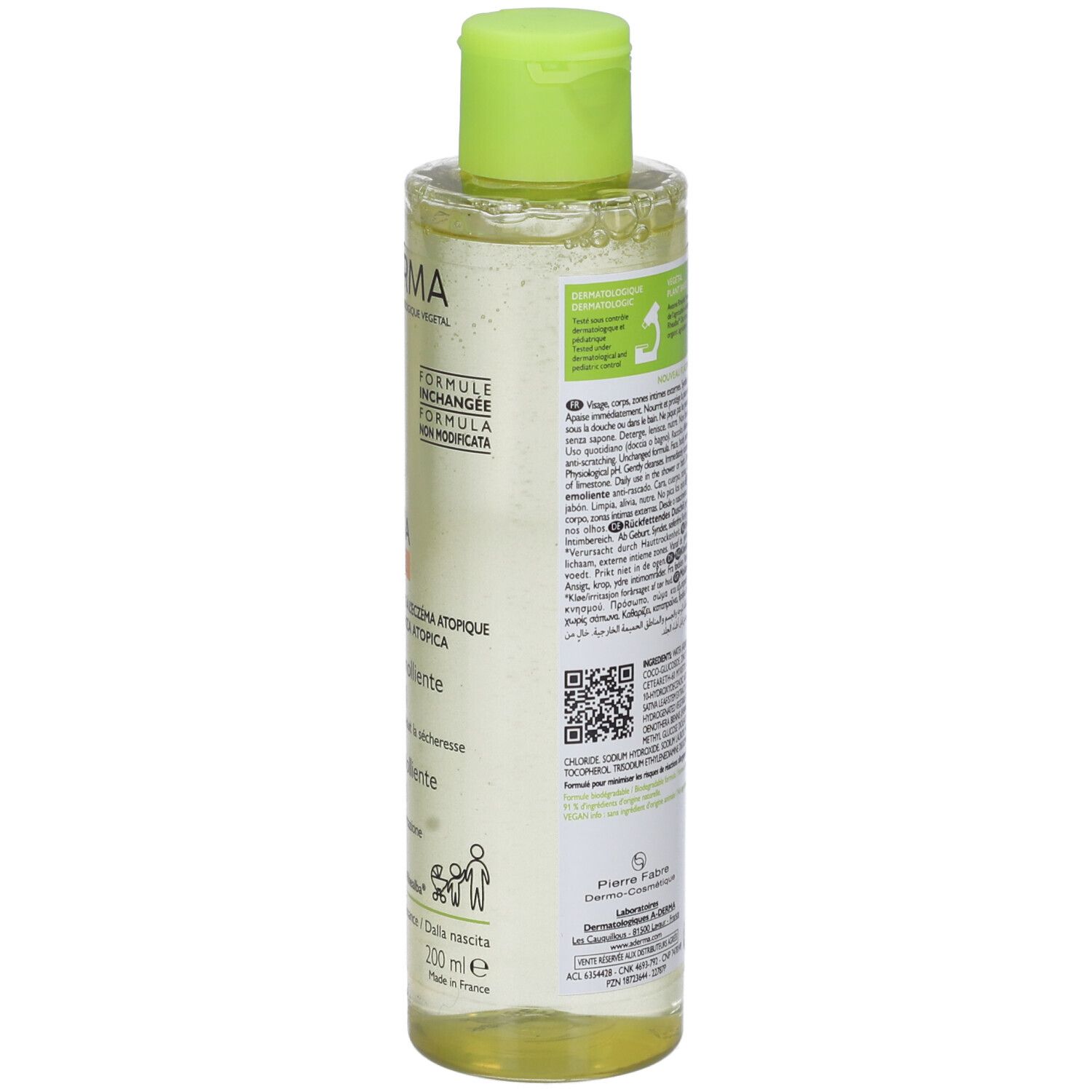 Retro flacone A-Derma Exomega Control. Testo e codice QR.