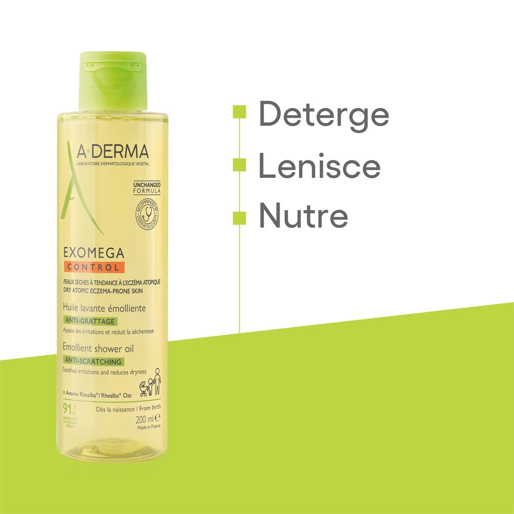 Olio lavante A-Derma. Testo: Deterge, lenisce, nutre. Sfondo verde.