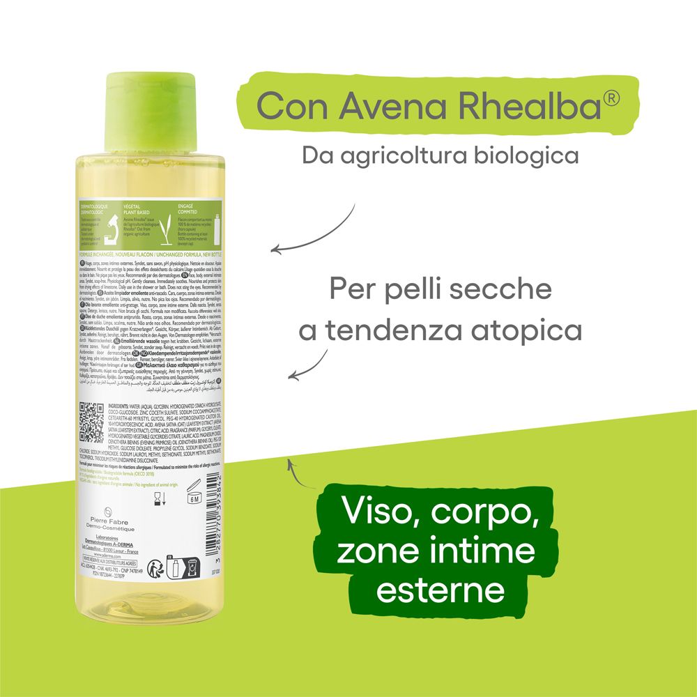Retro flacone A-Derma Exomega Control. Testo: Con Avena Rhealba. Per pelli secche a tendenza atopica.