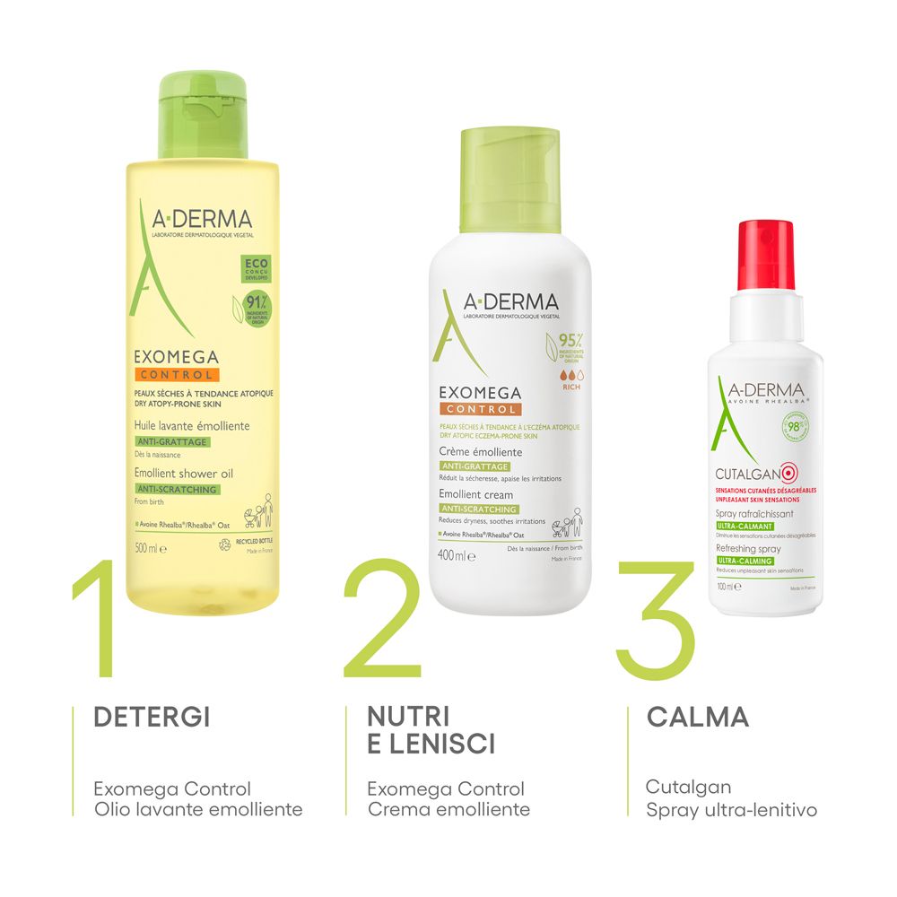 Tre prodotti A-Derma: Olio, crema, spray. Testo: Deterge, nutre, calma.