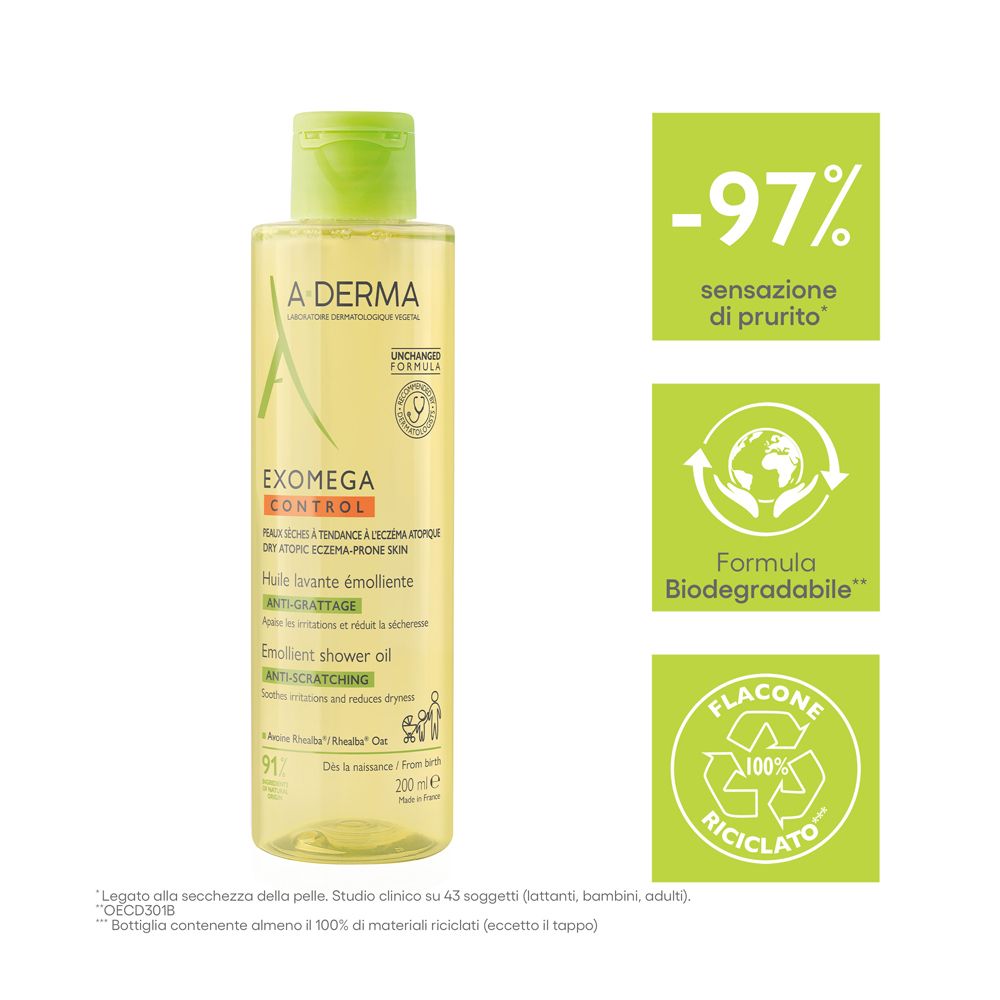 Olio lavante A-Derma. Testo: -97% prurito. Biodegradabile. Flacone riciclato.
