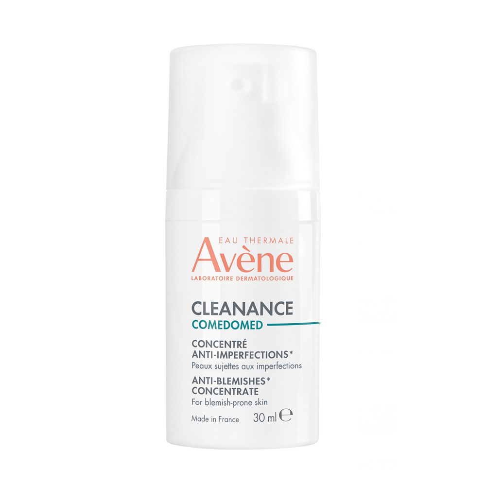 Flacone bianco con erogatore. Scritta: Eau Thermale Avène, Cleanance Comedomed, Anti-imperfections, 30 ml.