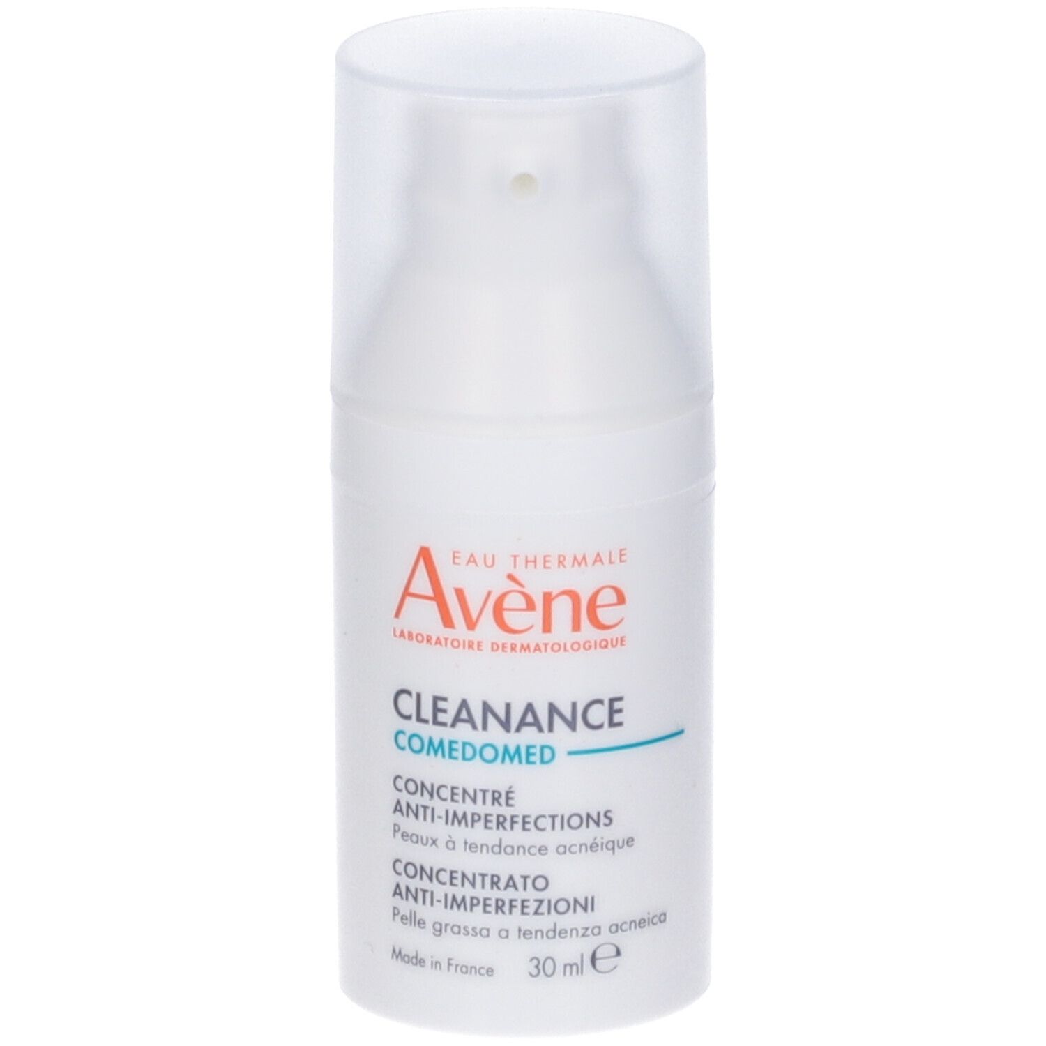 Flacone di prodotto. Scritta: Eau Thermale Avène, Cleanance Comedomed, Anti-imperfections, 30 ml.