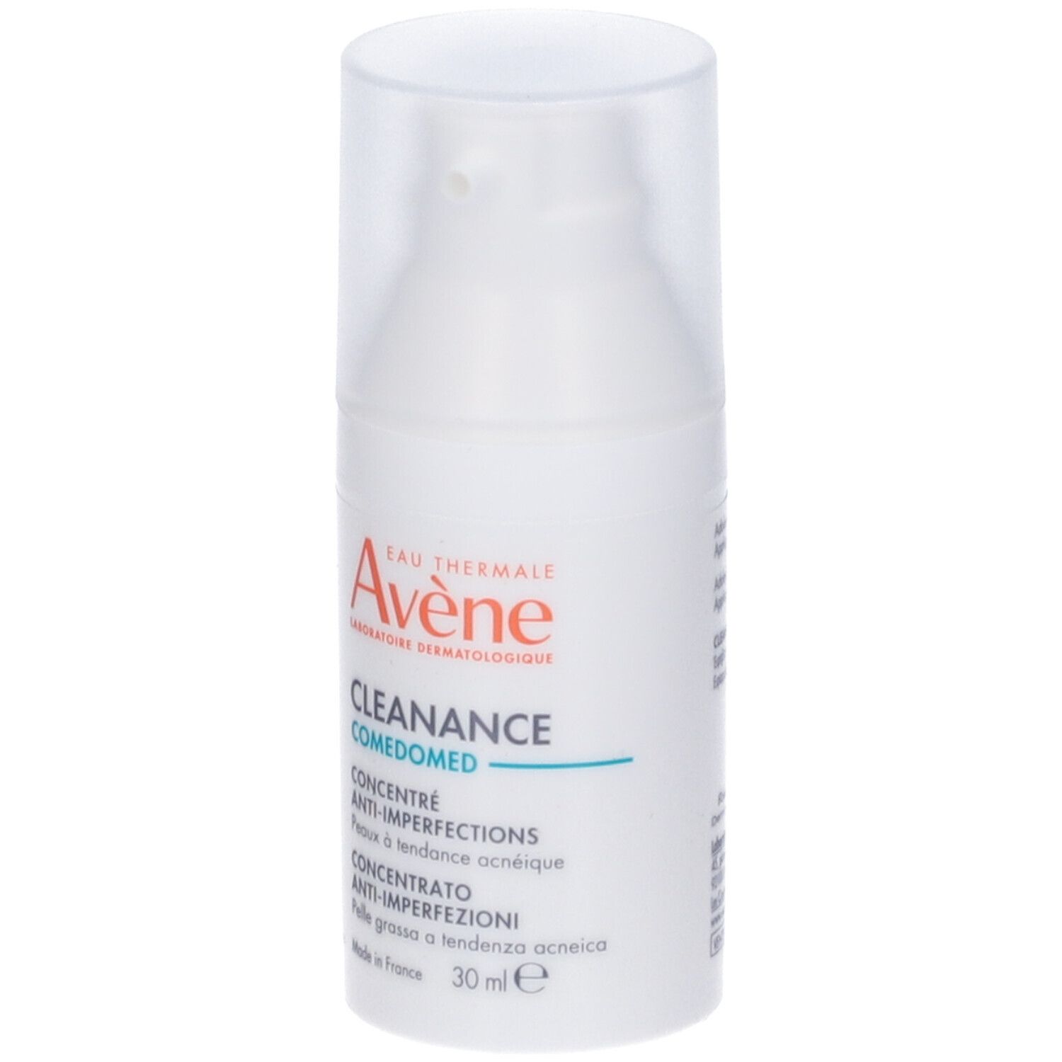 Flacone di prodotto. Scritta: Eau Thermale Avène, Cleanance Comedomed, Anti-imperfections, 30 ml.