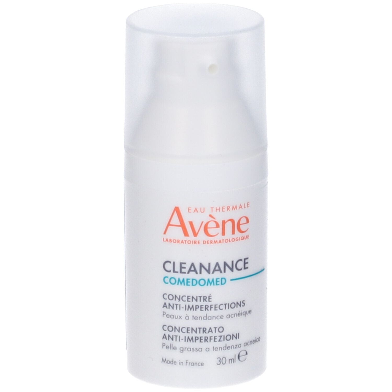 Flacone di prodotto. Scritta: Eau Thermale Avène, Cleanance Comedomed, Anti-imperfections, 30 ml.