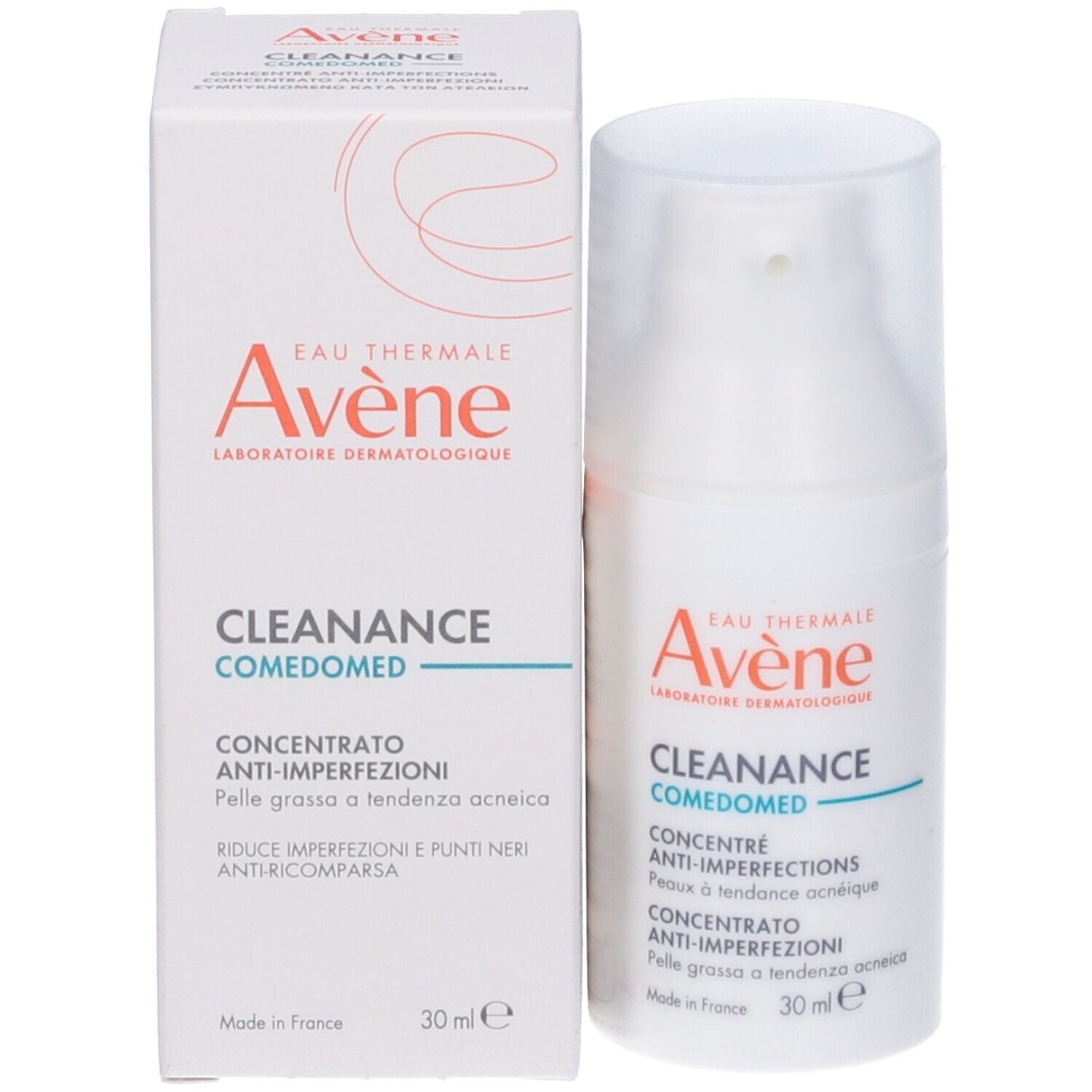 Flacone di prodotto e confezione. Scritta: Eau Thermale Avène, Cleanance Comedomed, Anti-imperfections, 30 ml.