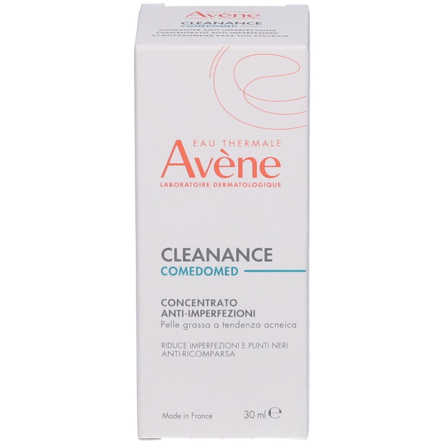 Confezione del prodotto. Scritta: Eau Thermale Avène, Cleanance Comedomed, Anti-imperfections, 30 ml.