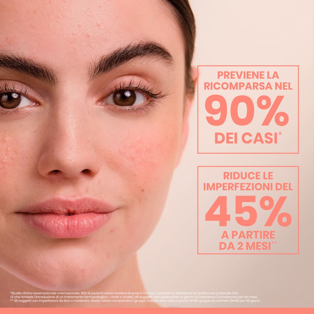 Viso di donna. Testo: Previene la ricomparsa nel 90% dei casi, riduce le imperfezioni del 45% dopo 2 mesi.