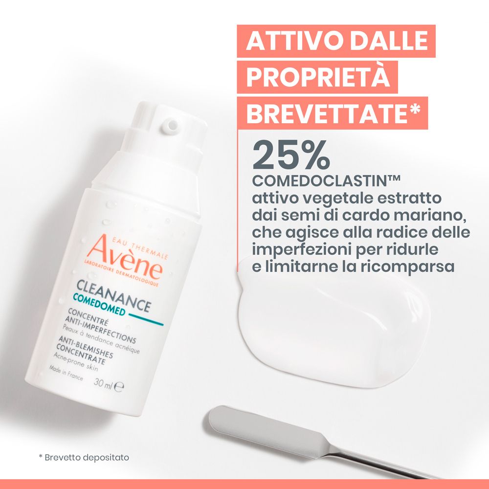 Flacone di prodotto e testo. Testo: 25% Comedoclastin, agisce sulle radici delle imperfezioni per ridurle.