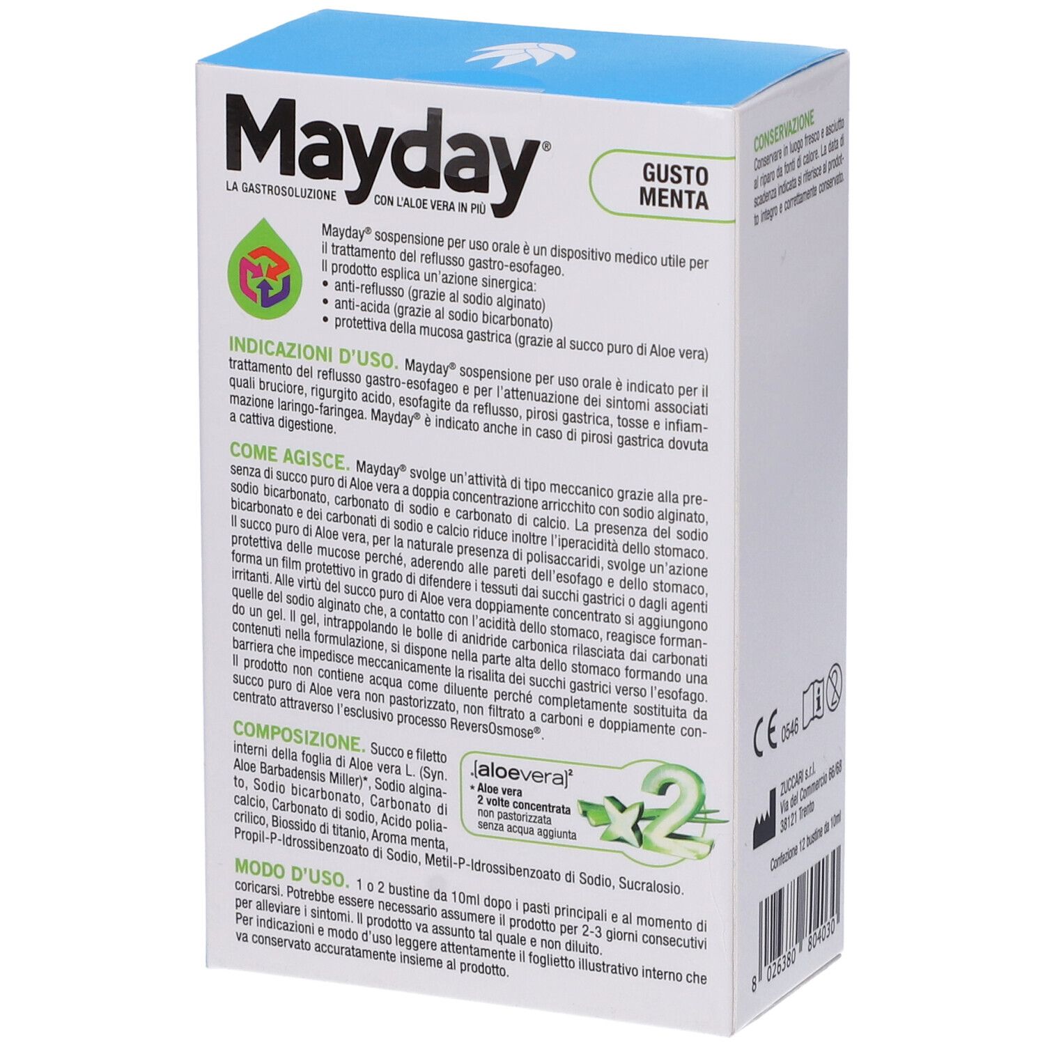 Karton 'Mayday' mit Text und Inhaltsangaben. Geschmack: Minze. Text: 'Mit Aloe Vera'.