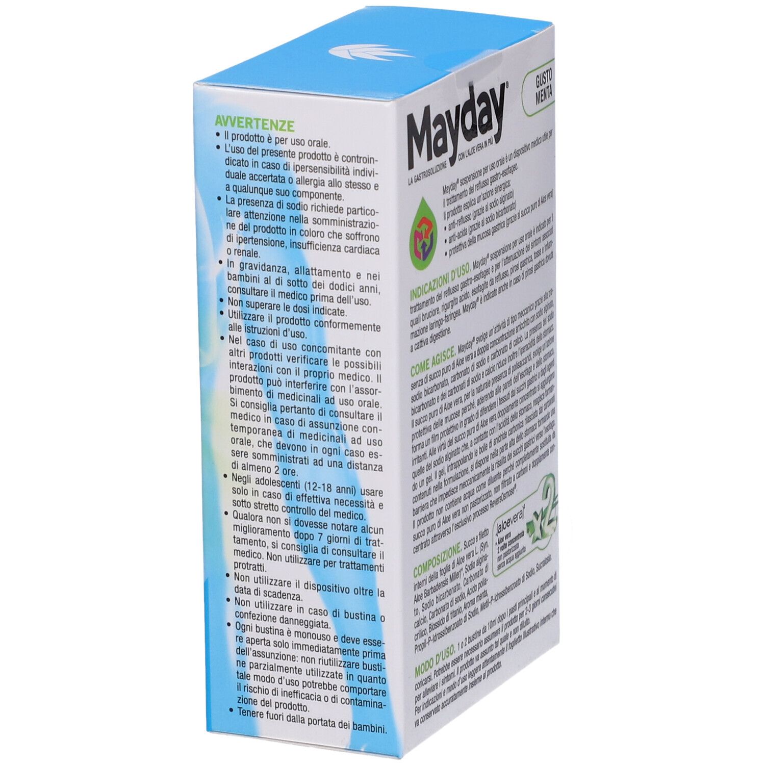 Karton 'Mayday' mit Warnhinweisen. Geschmack: Minze. Text: 'Mit Aloe Vera'.