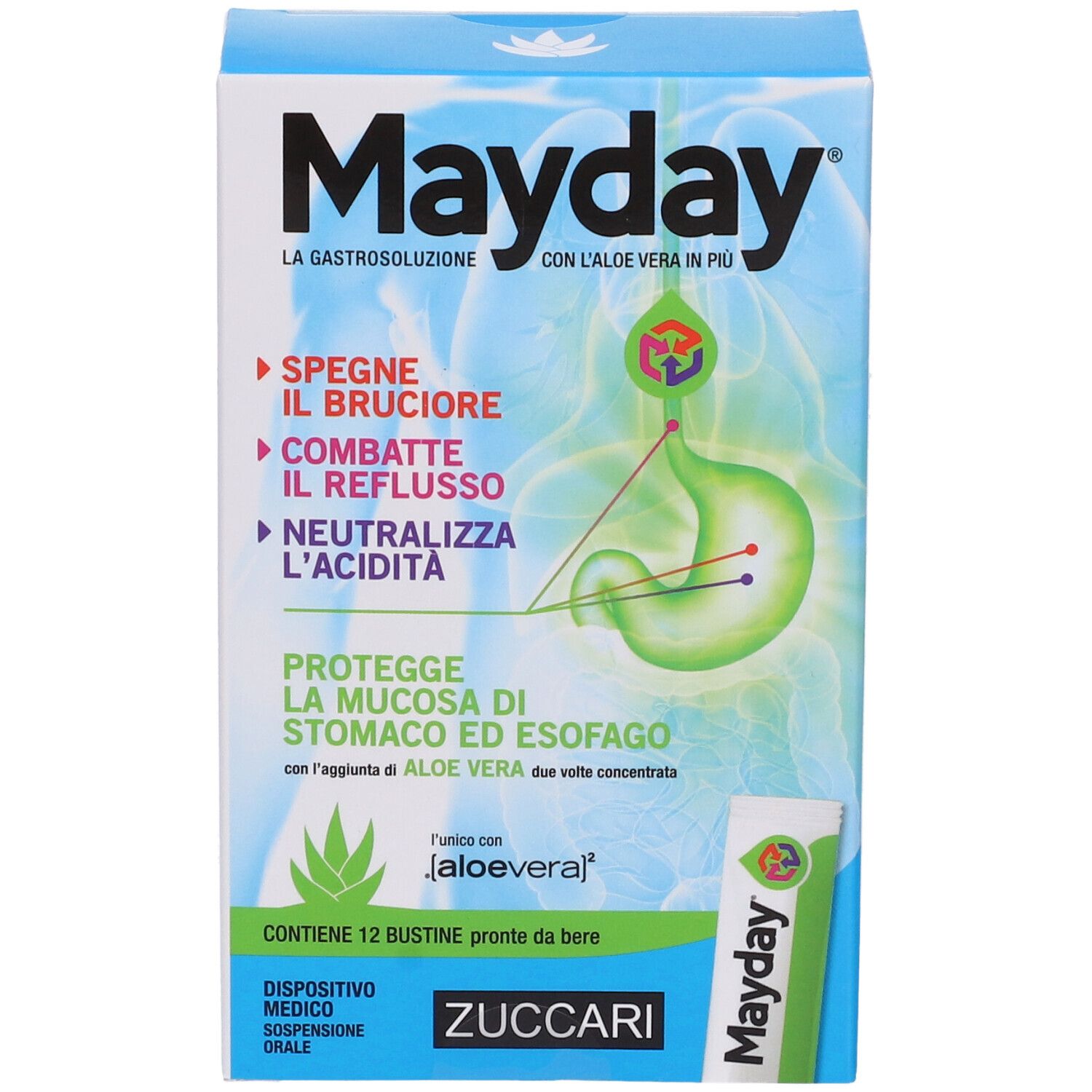 Karton 'Mayday' mit Text und Logo. Enthält 12 Beutel. Text: 'Neutralisiert Säure'. Zuccari Logo.