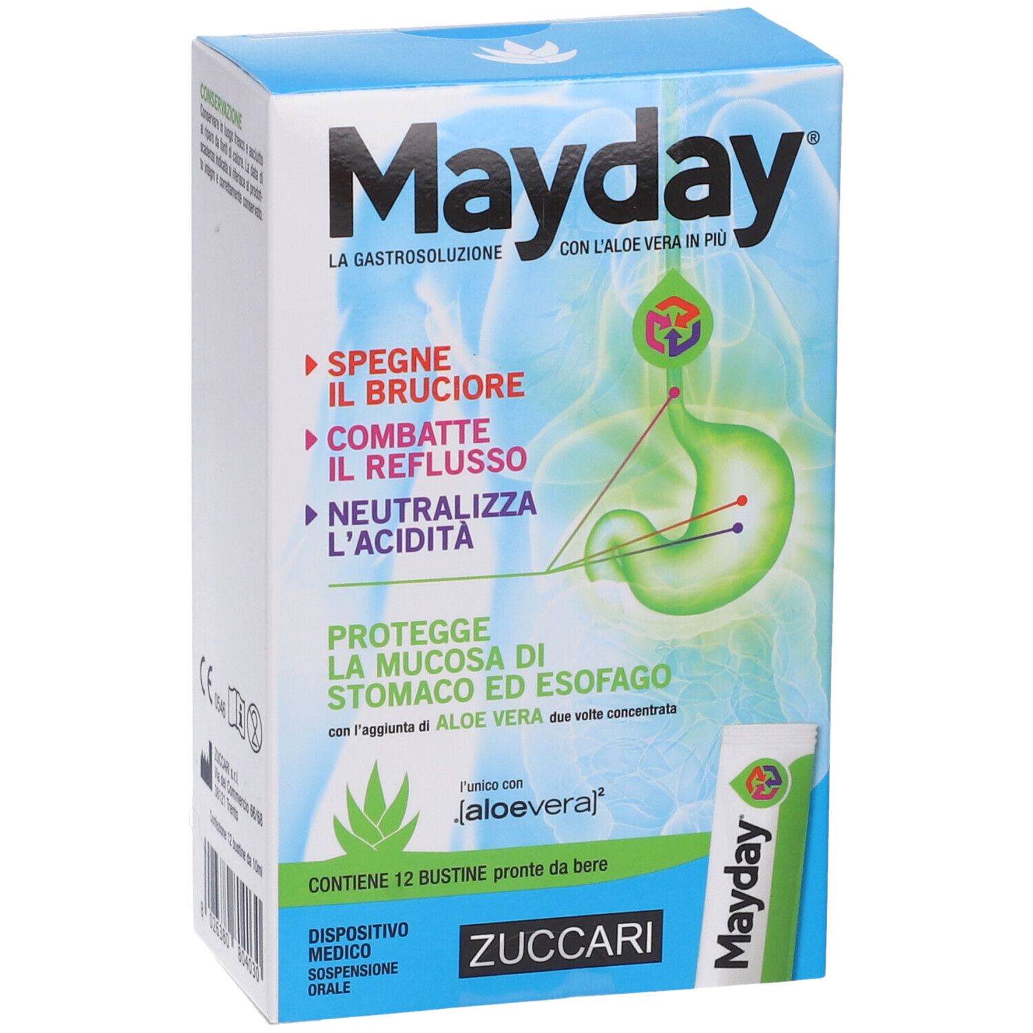 Karton 'Mayday' mit Text und Logo. Enthält 12 Beutel. Text: 'Neutralisiert Säure'. Zuccari Logo.