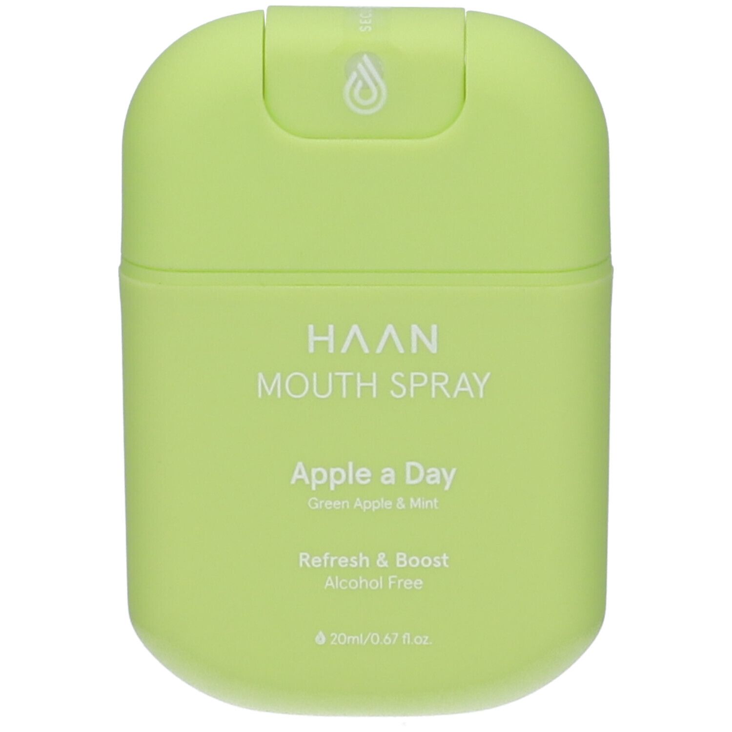 Spray orale Haan verde chiaro. Scritta: Apple a Day, Refresh & Boost, senza alcool. In alto: testina spray con simbolo a goccia.