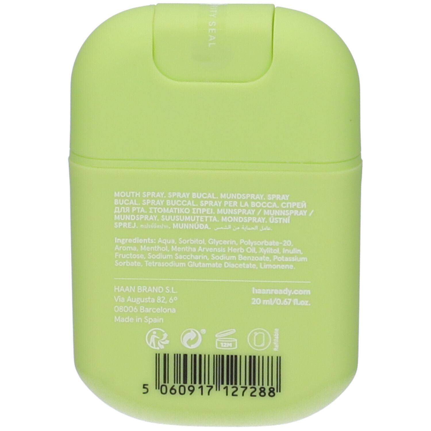 Retro dello spray orale Haan verde chiaro. Testo: ingredienti, Haan Brand, 32 ml, Made in Spain, codice a barre.