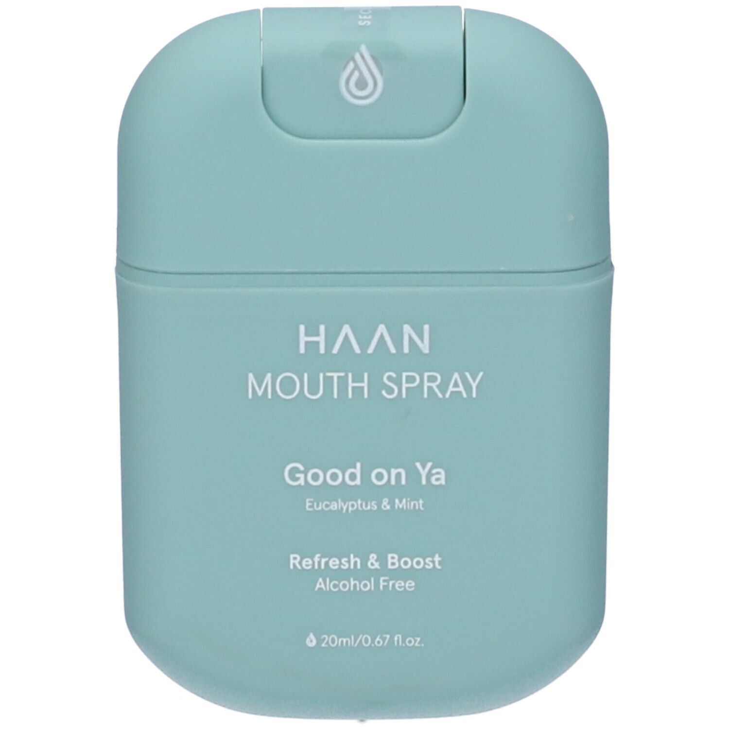 Flacone spray per la bocca turchese. Scritte: HAAN MOUTH SPRAY, Good on Ya, Eucalyptus & Mint, Refresh & Boost, senza alcool.