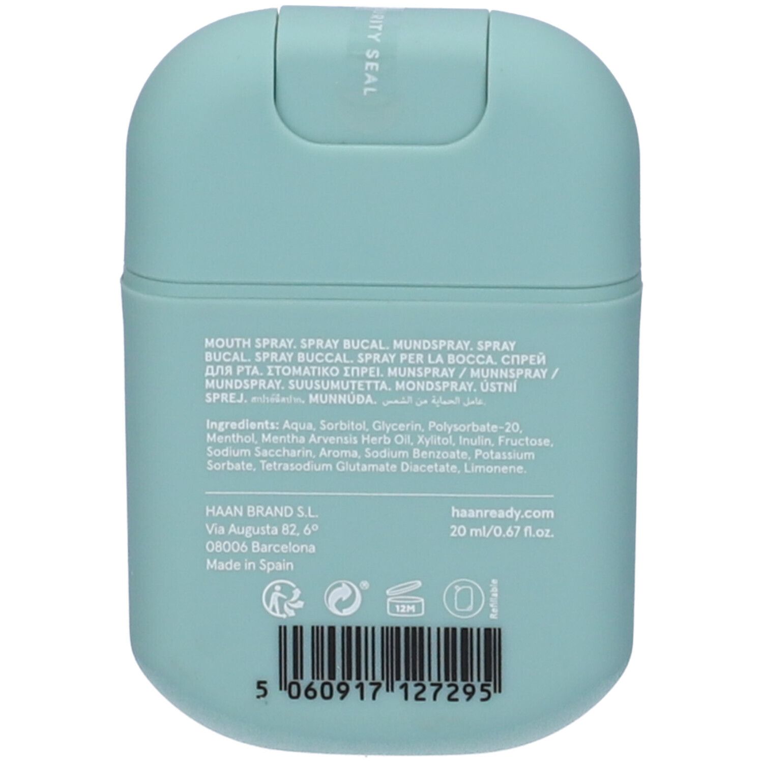 Retro del flacone spray per la bocca. Testo: Mundspray, ingredienti, HAAN BRAND S.L., haanready.com, 20 ml/0.67 fl.oz., Made in Spain, codice a barre.