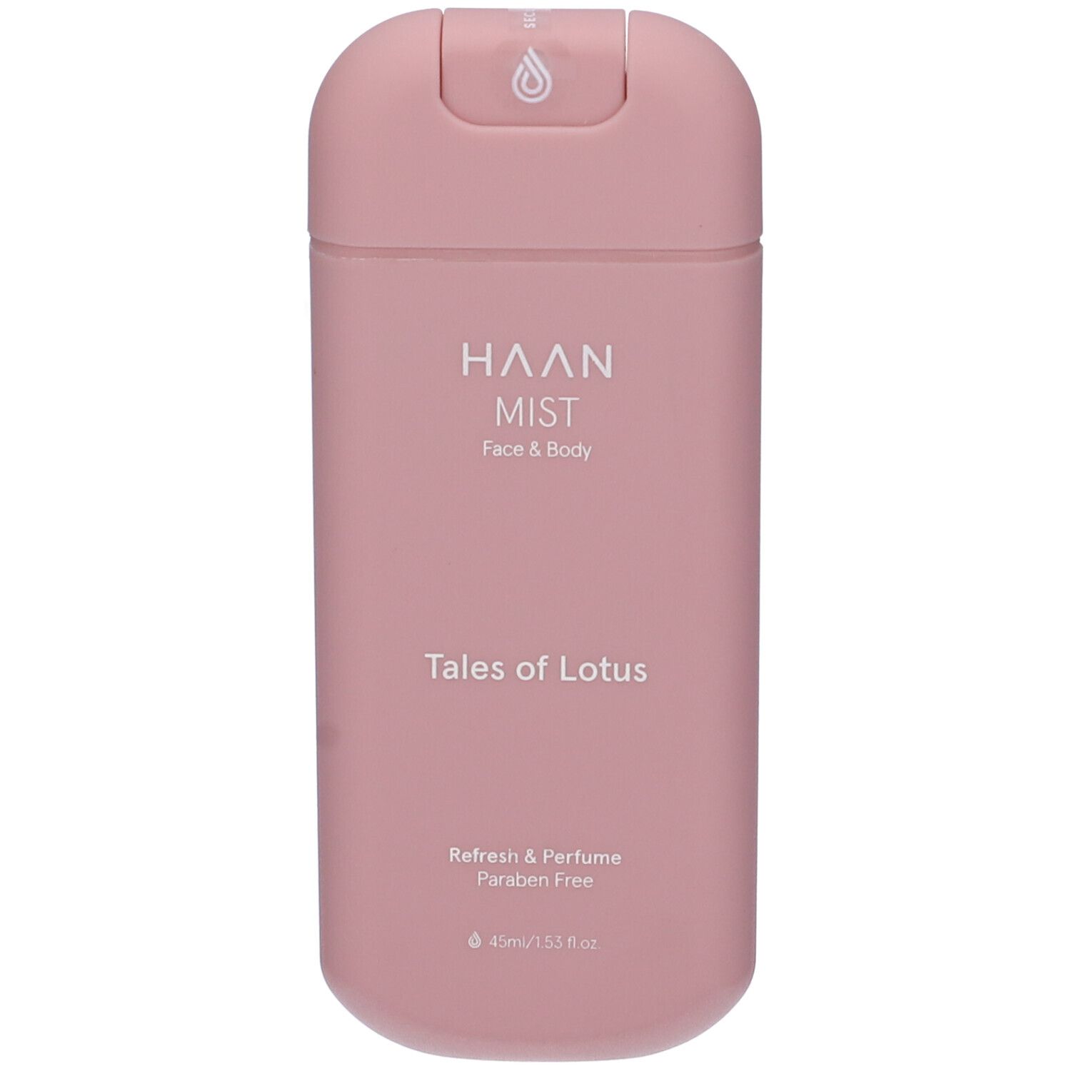 Flacone rosa Haan Mist. Scritte: Face & Body, Tales of Lotus, Refresh & Perfume, senza parabeni.