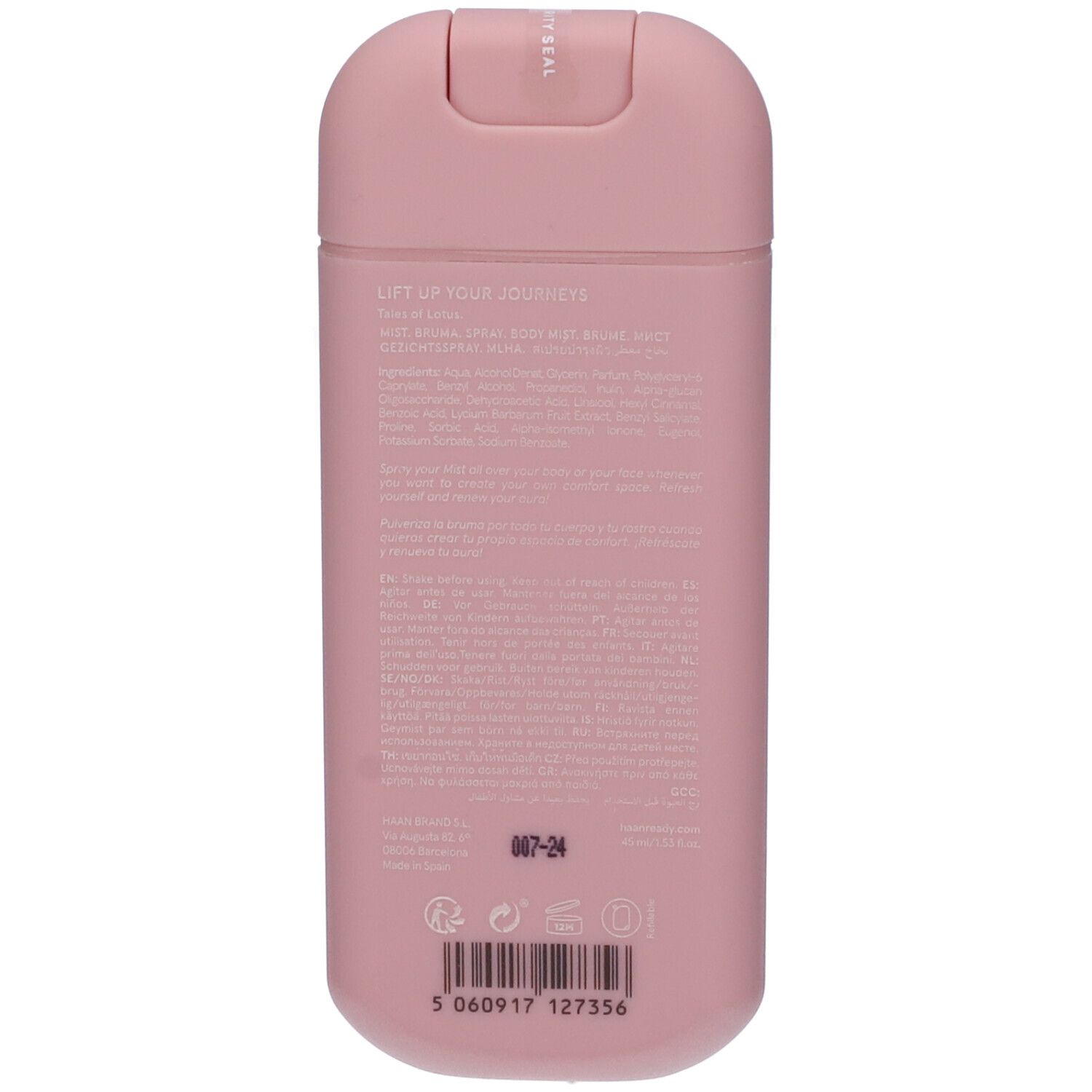 Retro del flacone rosa Haan Mist. Testo: Lift up your journeys. Ingredienti, istruzioni per l'uso, numero di lotto.