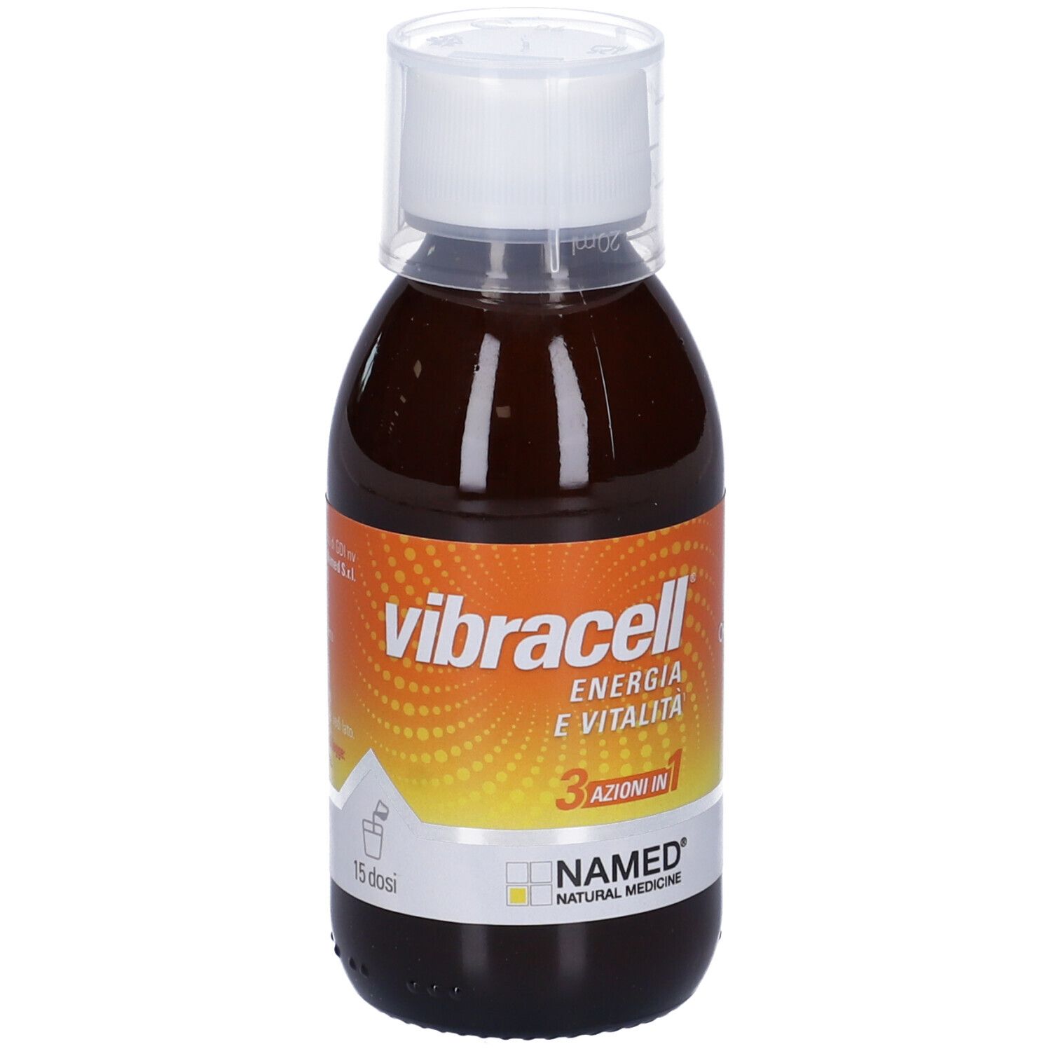 Liquido marrone in bottiglia con tappo bianco. Scritta: Vibracell, Energia & Vitalità, 3 in 1, NAMED.