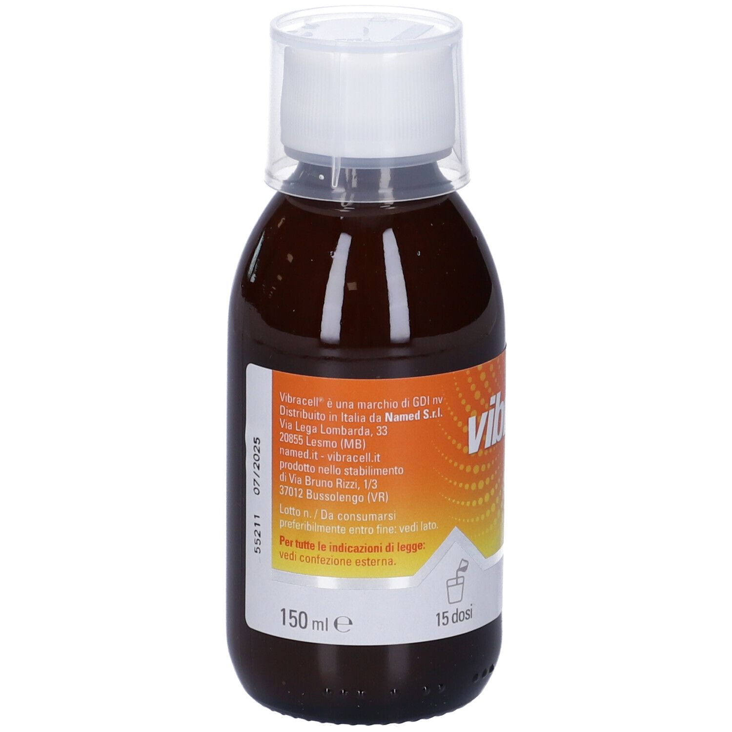 Liquido marrone in bottiglia con tappo bianco. Scritta: Vibracell, 150 ml, 15 dosi. NAMED.