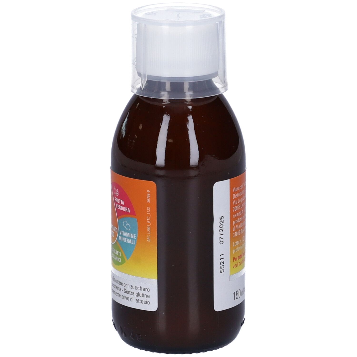 Liquido marrone in bottiglia con tappo bianco. Scritta: Vibracell, 150 ml. Etichetta con informazioni.