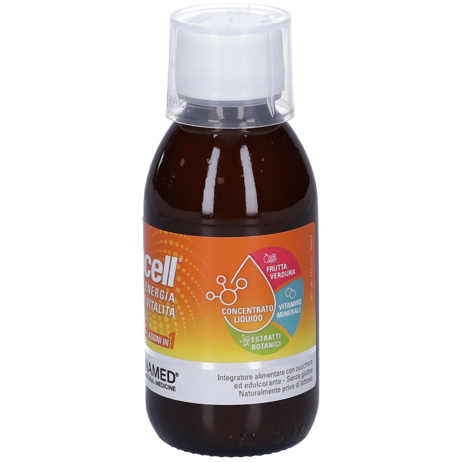 Liquido marrone in bottiglia con tappo bianco. Scritta: Vibracell, Energia & Vitalità, Concentrato, NAMED.