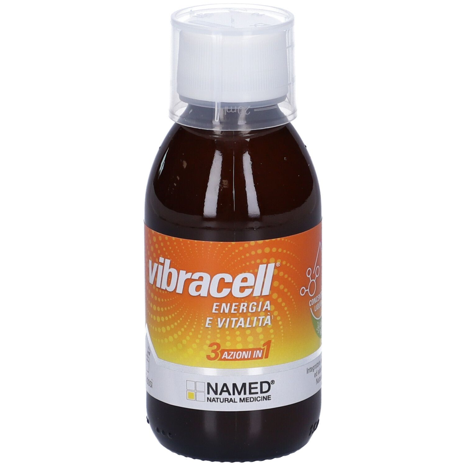 Liquido marrone in bottiglia con tappo bianco. Scritta: Vibracell, Energia & Vitalità, 3 in 1, NAMED.