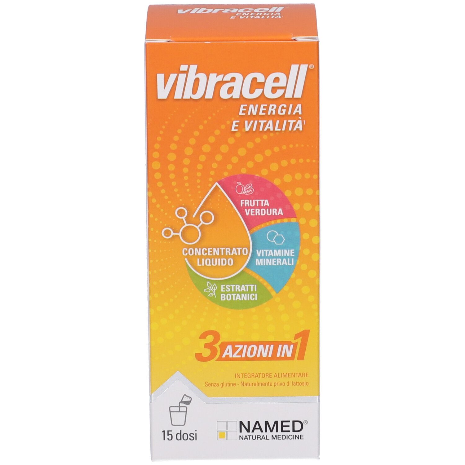 Confezione Vibracell. Scatola arancione con scritta Vibracell, Energia & Vitalità, 3 in 1, NAMED.
